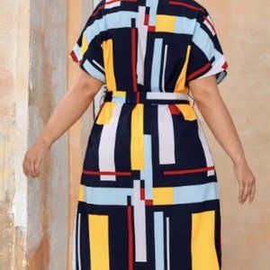 SOLD Geo Print Color Block Dolman Sleeve Belted Dress 4XL NWT